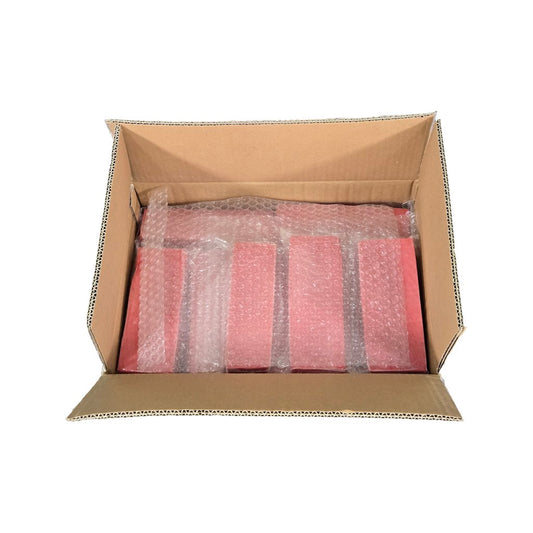 Cardboard box with bubble-wrapped individually wrapped tuna portions on a white background