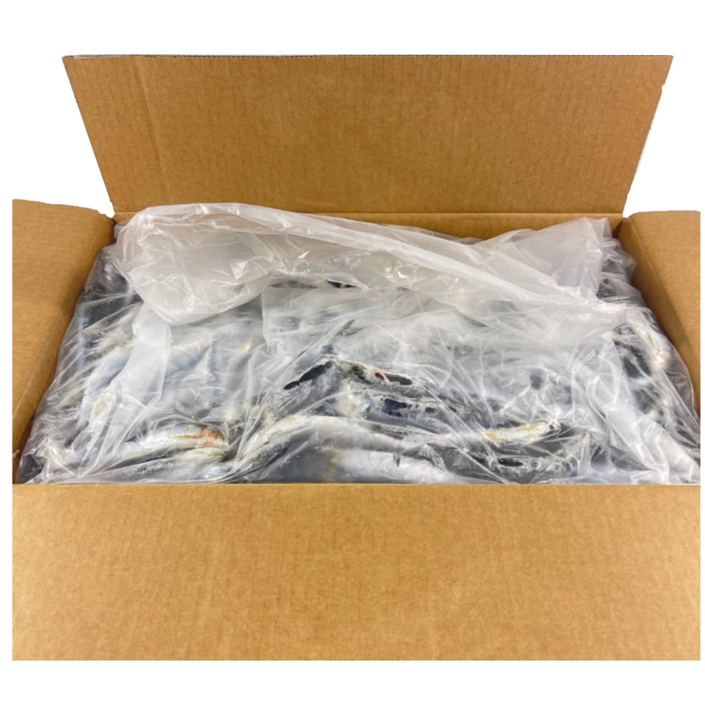 open carton of sardines wrapped in plastic