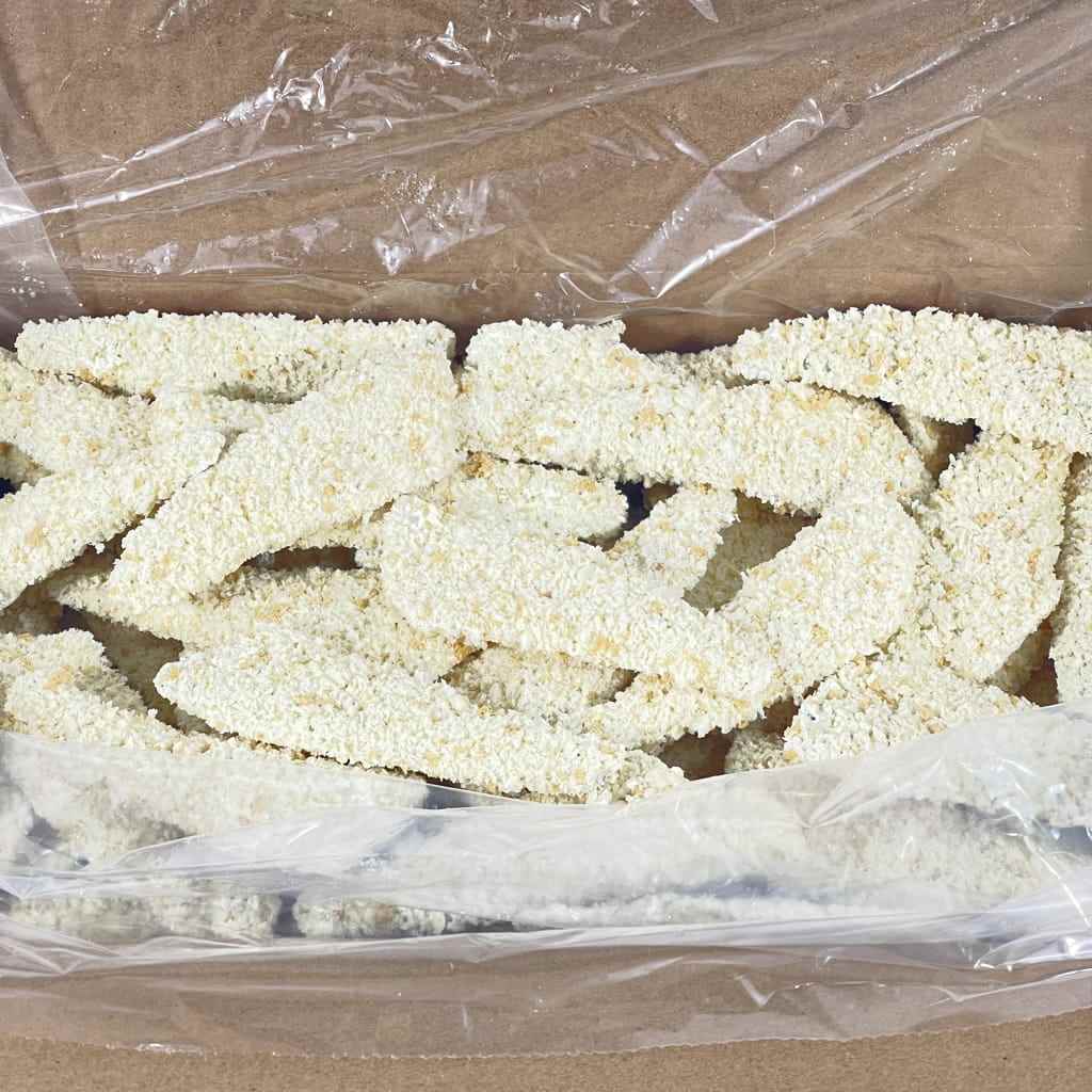 Packaged crumb whiting fillets in a clear plastic container on a cardboard base