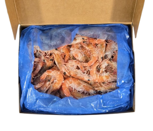 Box with a blue bag containing whole cooked prawns no background