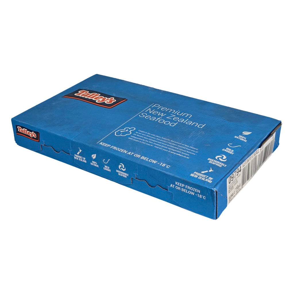 Blue packaging box for premium New Zealand seafood on a white background