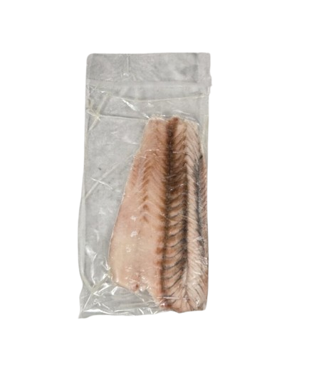 Packaged barramundi fillets in a clear plastic bag on a white background