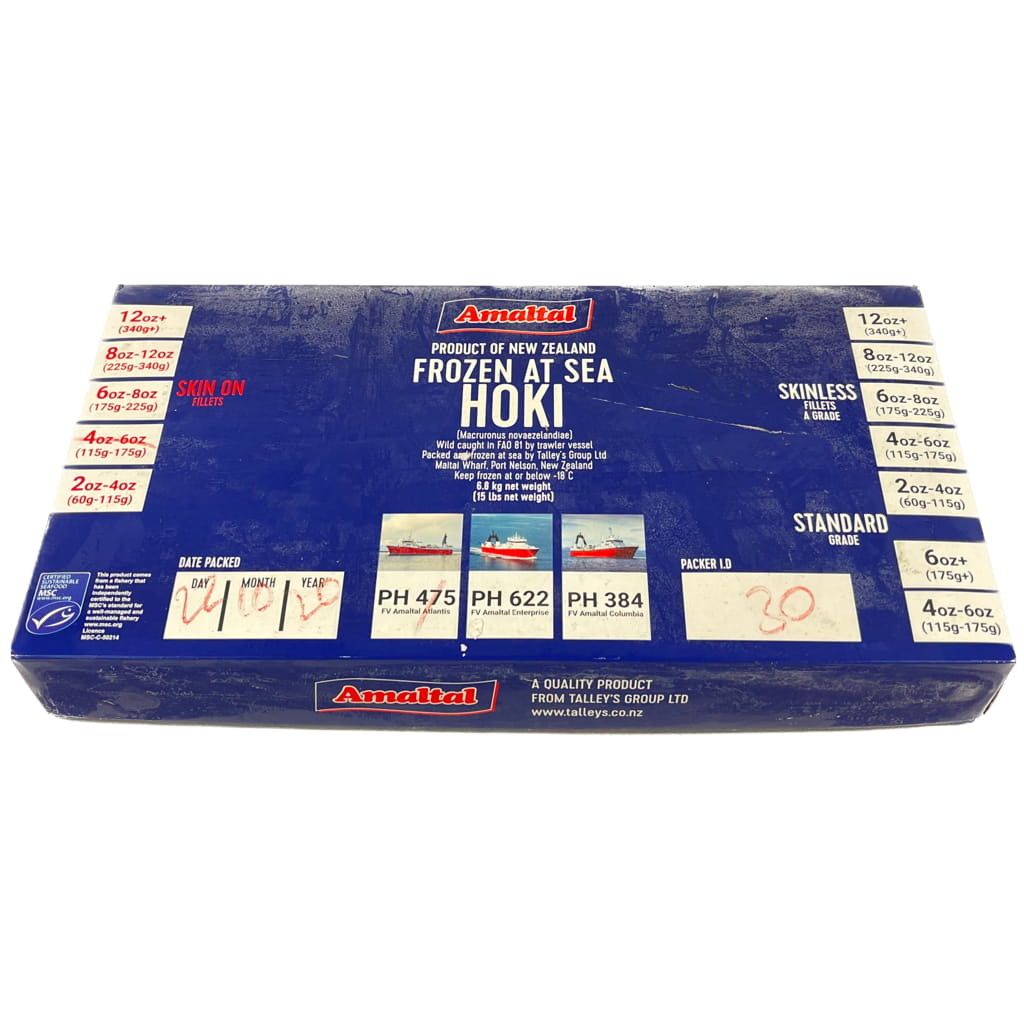 Amalfi frozen hoki packaging with product details on a white background