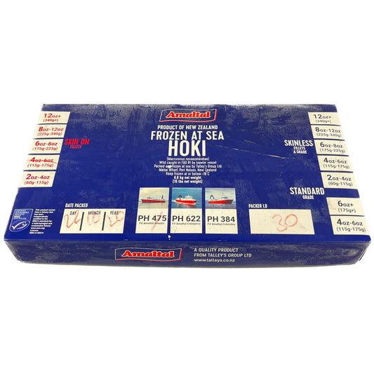Amalfi frozen hoki packaging with product details on a white background
