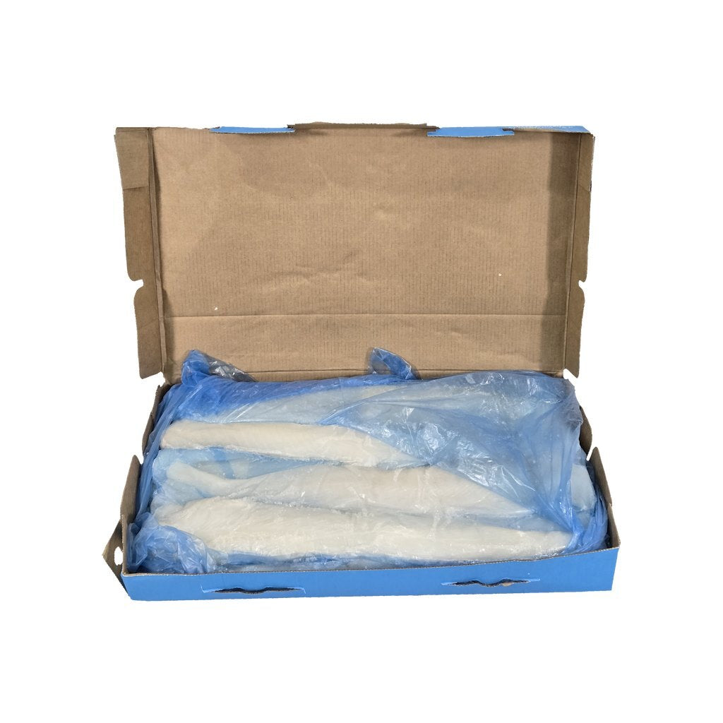 Open cardboard box with blue plastic wrap inside on a white background