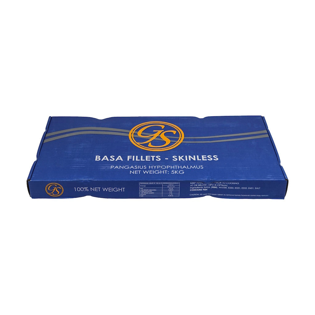 Blue packaging box for basa fillets on a white background