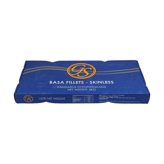 Blue packaging box for basa fillets on a white background