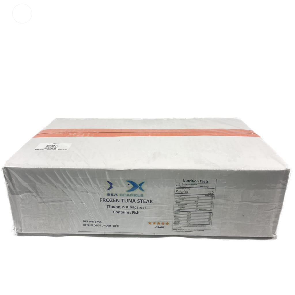 Box of Tuna Steaks on a white background