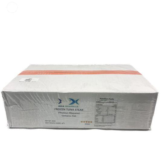 Box of Tuna Steaks on a white background