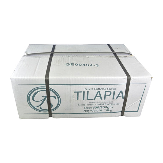 Box of G&G Tilapia fish on a white background