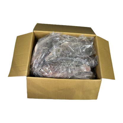 Open cardboard box filled with plastic-wrapped whole tilapia  on a white background