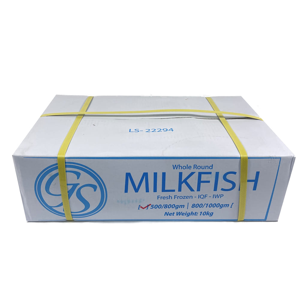 White box of Milkfish with yellow straps on a white background