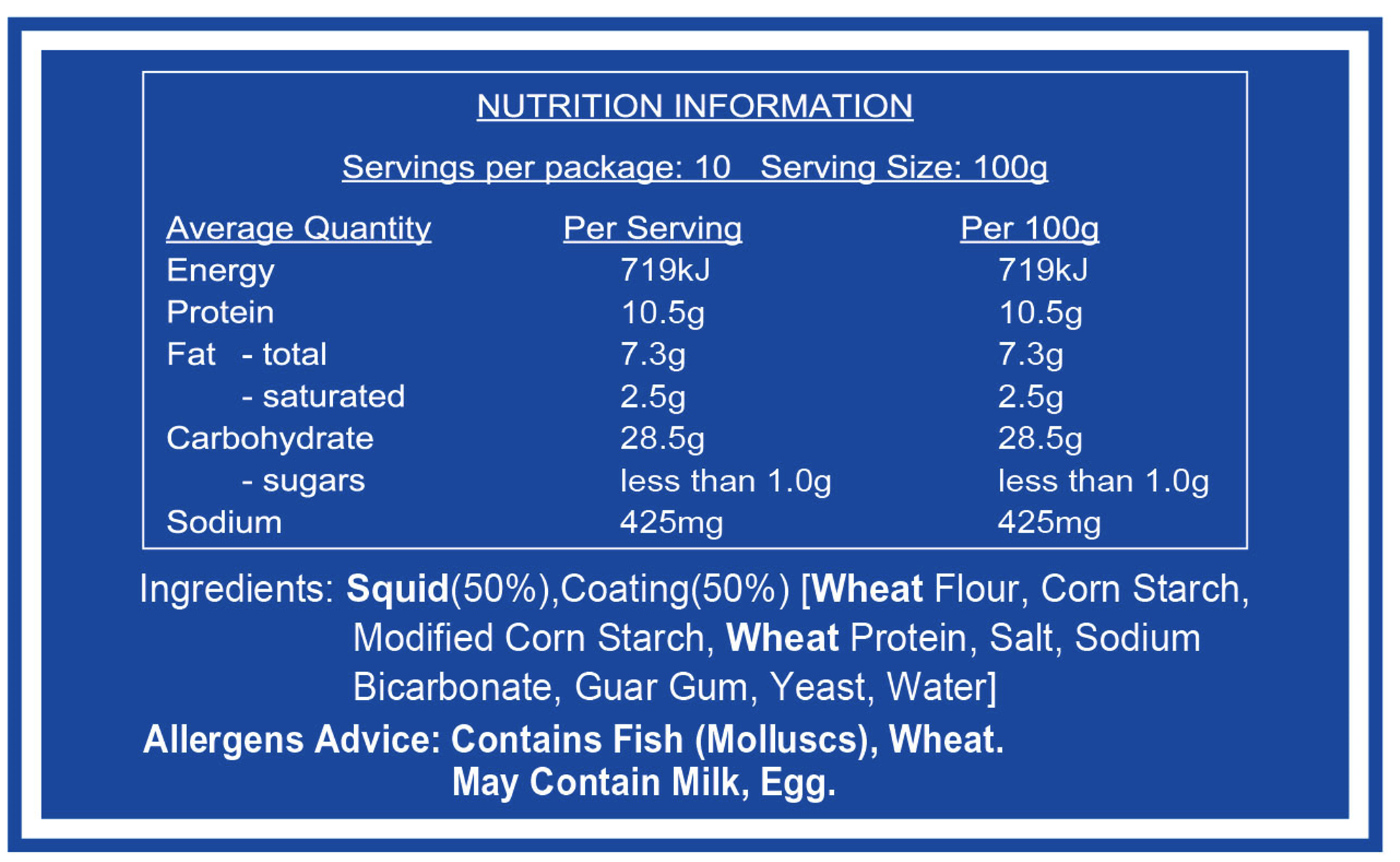 nutritional information for crumbed calamari rings