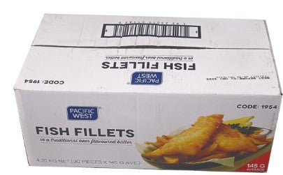 A box of Pacific West Beer Battered Fish Fillets. The packaging is predominantly white with an image of the product and a barcode.