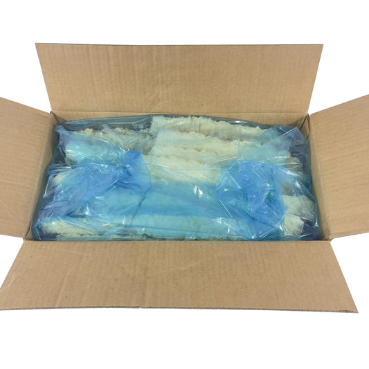 Open box filled with battered fish fillets in blue plastic wrapping on a white background