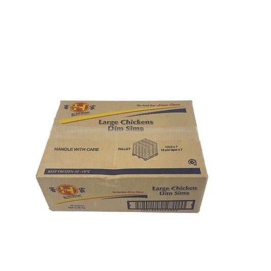 Cardboard box of Large Chicken Dim Sims with Hakka brand logo on a white background