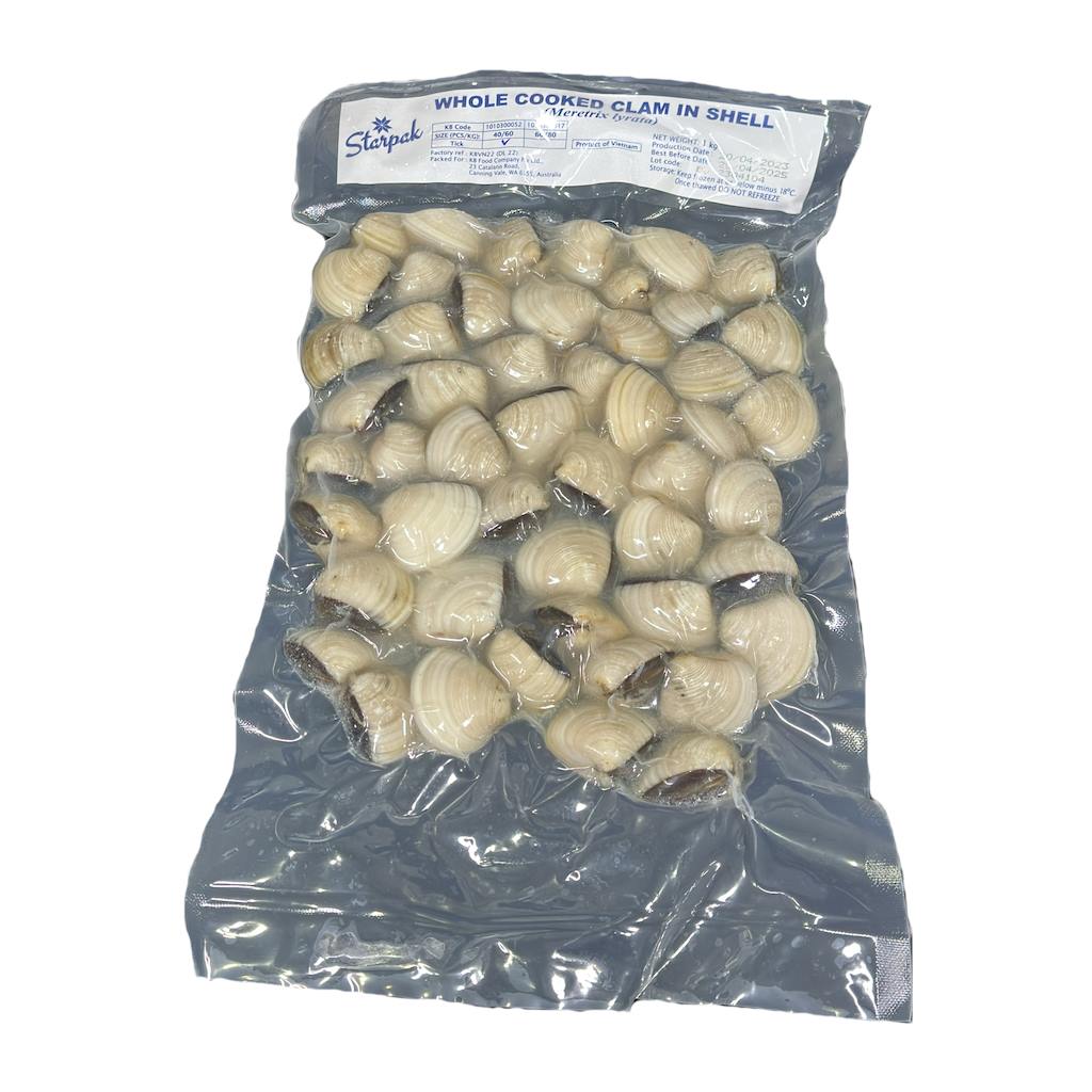 Bag of whole cooked clams in shell with a visible brand label on a white background