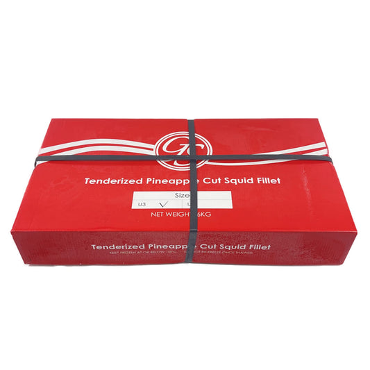 Red box of tenderized pineapple cut squid fillet with a visible brand logo on a white background