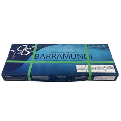 Packaged box of GS brand Barramundi fillets skinless, with product information and branding visible on the label.