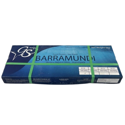 Packaged box of GS brand Barramundi fillets skinless, with product information and branding visible on the label.