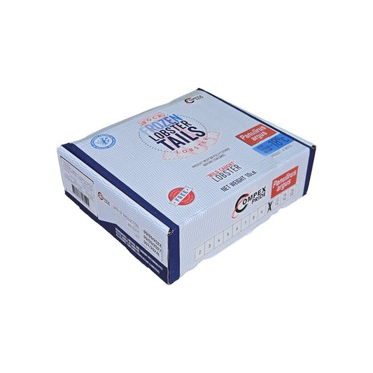 Box of frozen lobster tails with branding on a white background