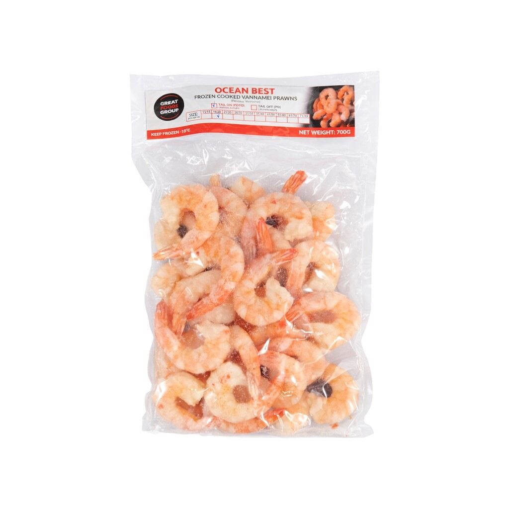Packaged shrimp with 'Ocean Best' label on a white background