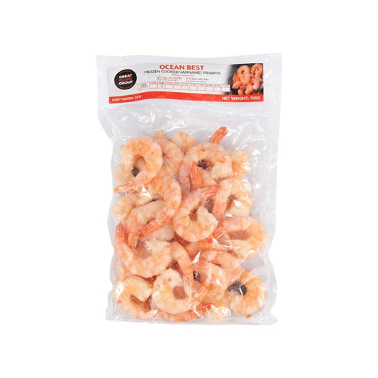 Packaged shrimp with 'Ocean Best' label on a white background