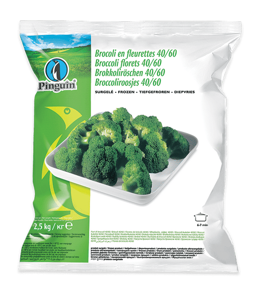 Pinguin brand packaging of frozen broccoli florets with a green field background