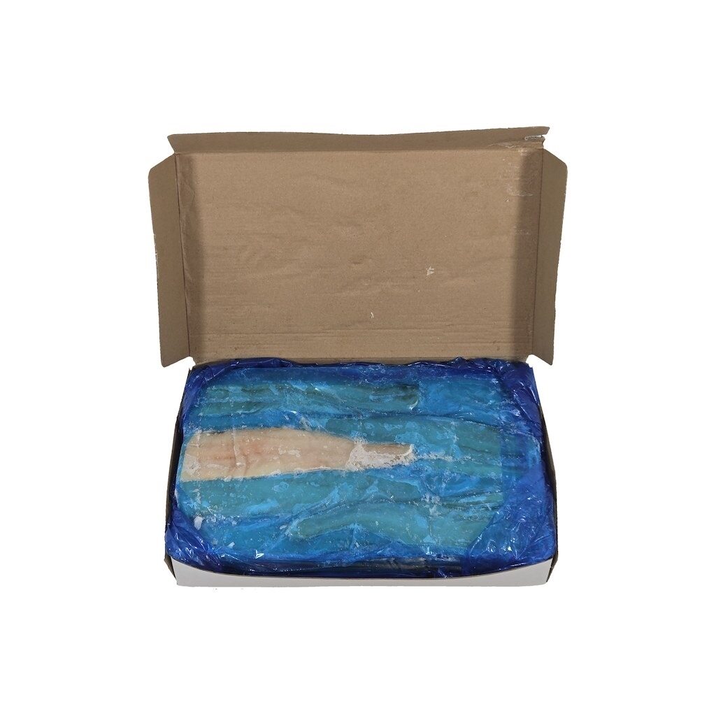 Open cardboard box with blue plastic wrap inside on a white background