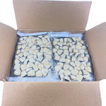whole cooked clams in vacuum packed bags inside opened card board carton