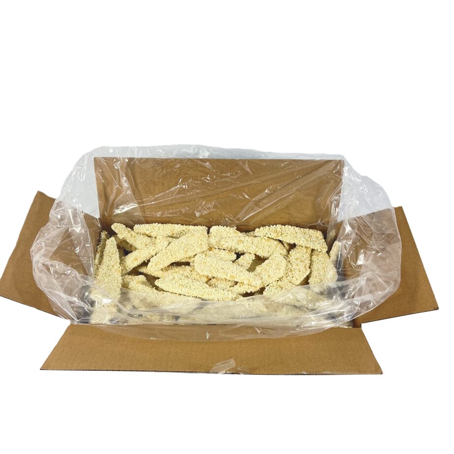 opened box of crumbed whiting fillets white background