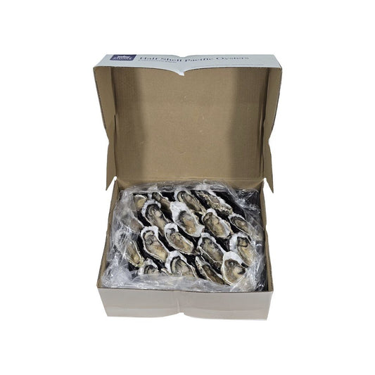 Box of half shell Pacific oysters on a white background