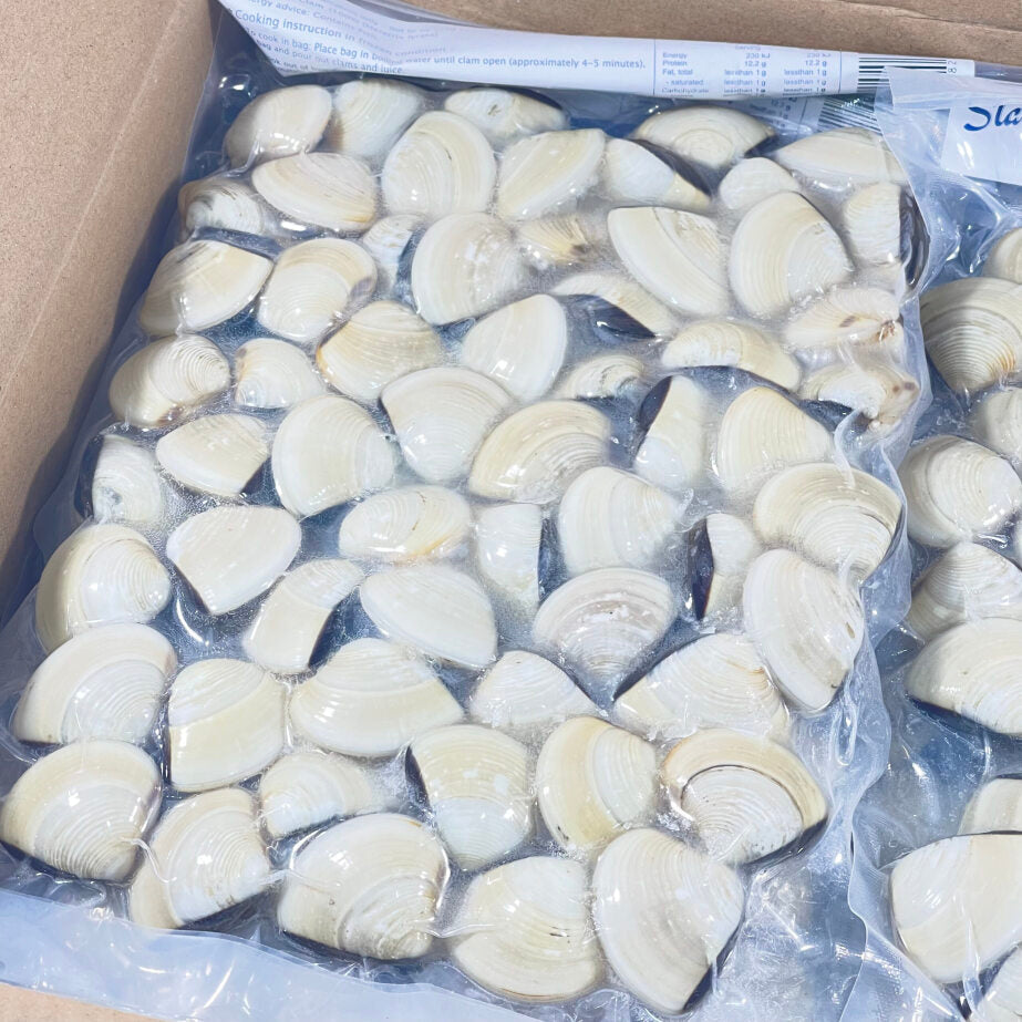 close up of vacuum sealed whole cooked clams