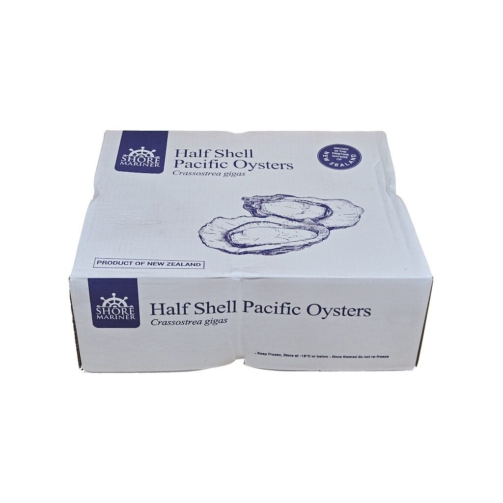 Box of half shell Pacific oysters with Shore Oyster branding on a white background