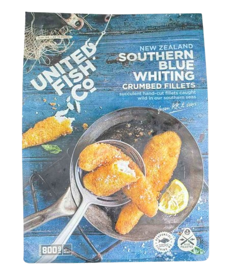Packaging of United Fish & Co Southern Blue Whiting Crumbed Fillets on a blue background.