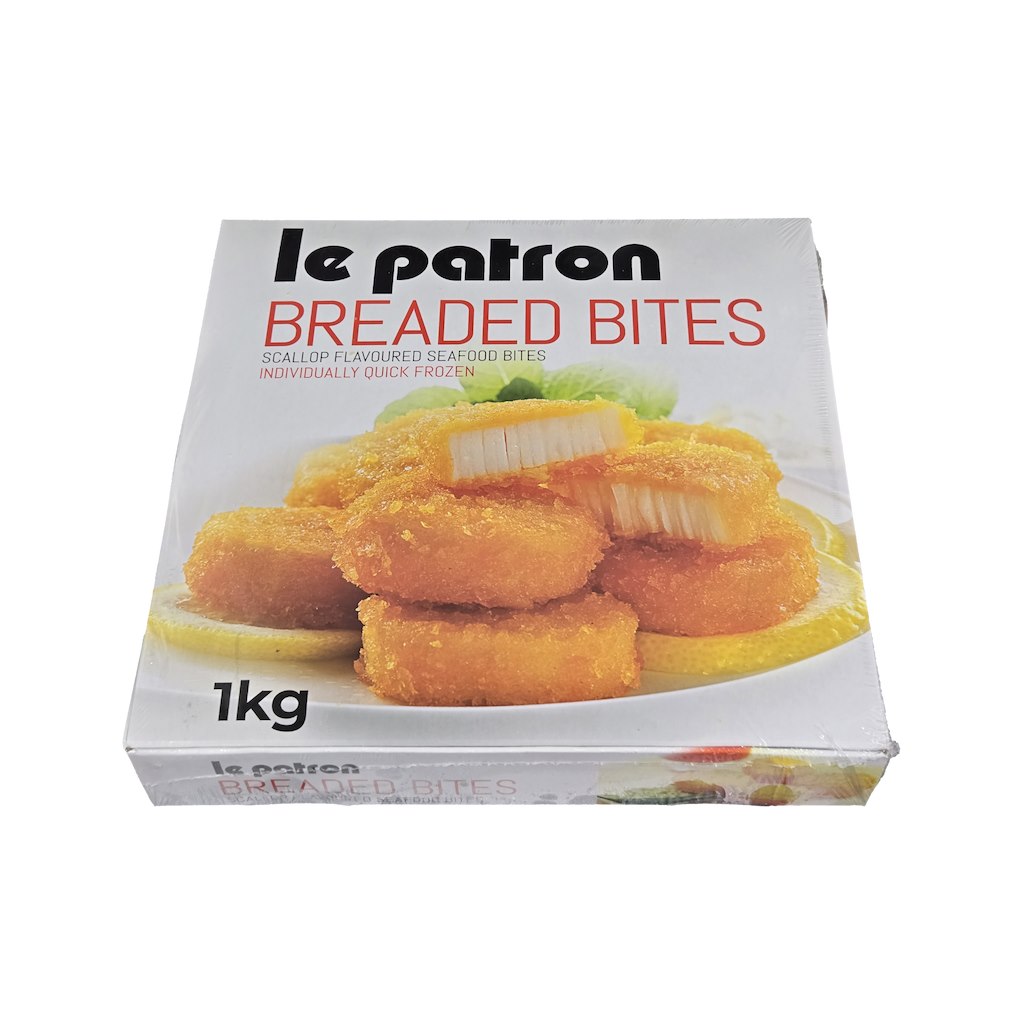 Box of Le Patron Breaded Bites with scallop images on a white background