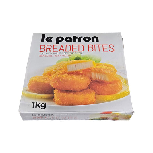 Box of Le Patron Breaded Bites with scallop images on a white background