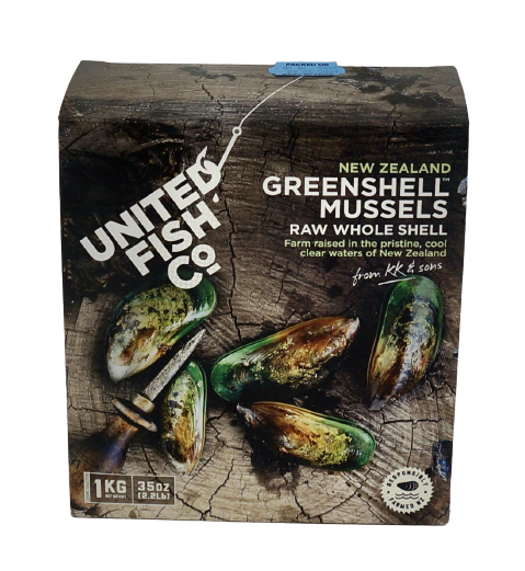 Packaging for Greenshell Whole Mussels 1kg Box with images of the mussels on a wooden surface and branding details.