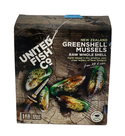 Packaging for Greenshell Whole Mussels 1kg Box with images of the mussels on a wooden surface and branding details.