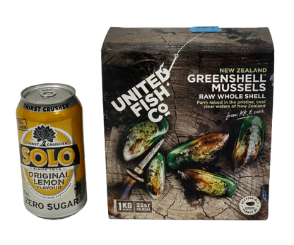 can of drink next to box of greenshell mussels