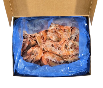 Box with a blue bag containing whole cooked prawns no background