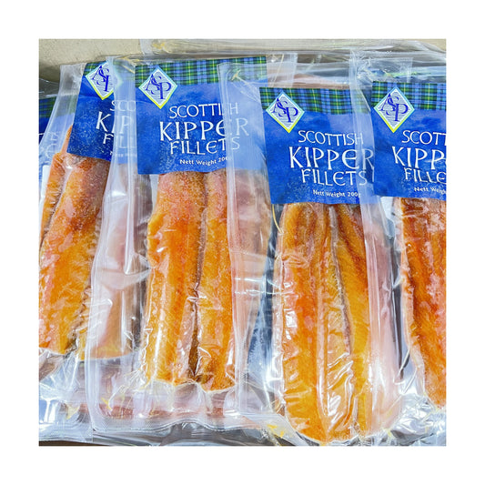 Vacuum-sealed packaging of Scottish Kipper Fillets, containing herring fillets in a visible orange-brown color.