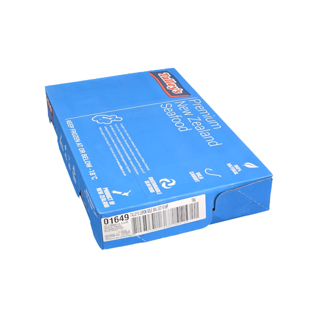 Blue box with seafood branding on a white background