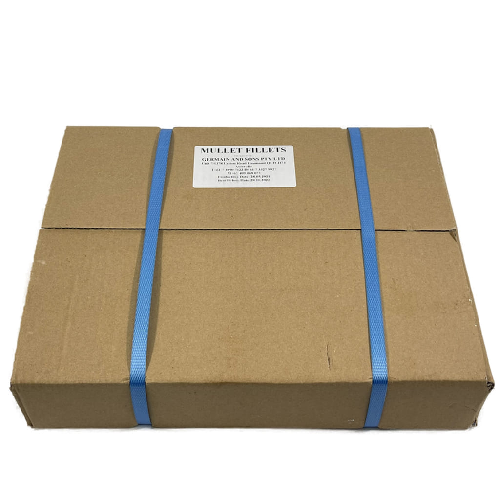 Cardboard box with blue straps and a label on a white background