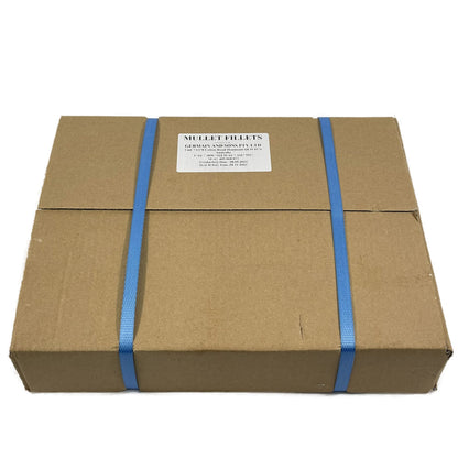 Cardboard box with blue straps and a label on a white background