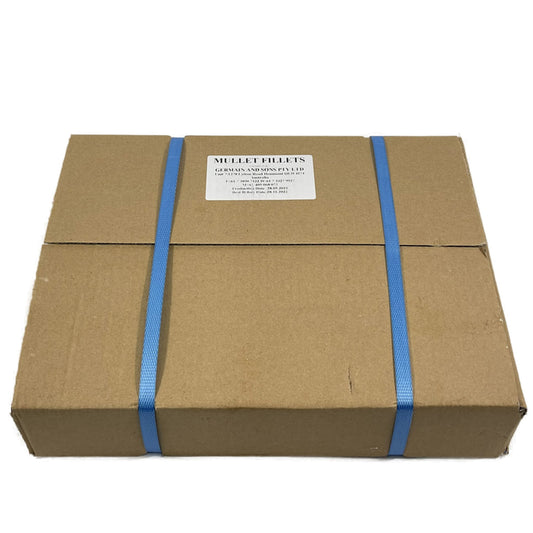 Cardboard box with blue straps and a label on a white background