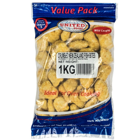 packet of crumbed new zealand fish bites white background