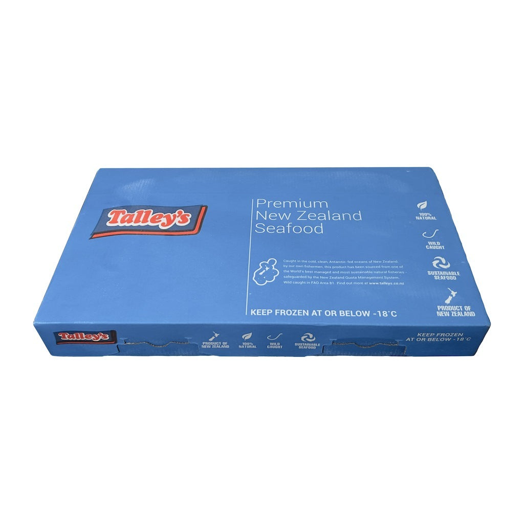 Blue packaging box for Talley's Premium New Zealand Seafood on a white background