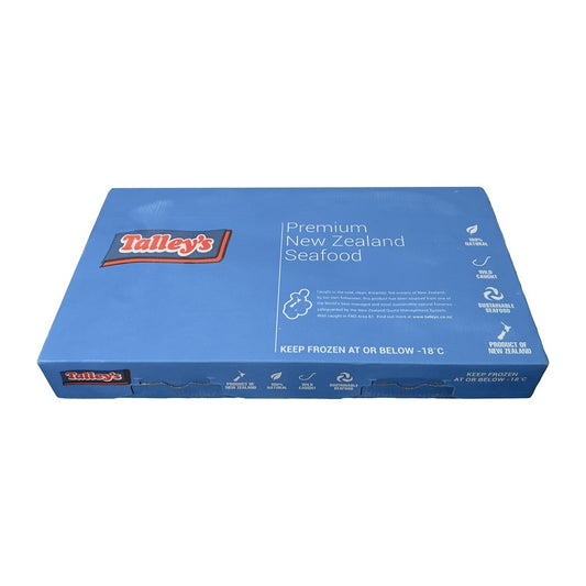Blue packaging box for Talley's Premium New Zealand Seafood on a white background