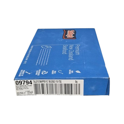 A carton of New Zealand Snapper Fillets Skinless, 5kg, with product information and branding visible on the packaging.